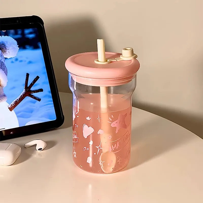 Bouteille verre kawaii étoile 560 ml avec couvercle et paille - Câlin Kawaii