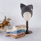 Bonnet Côtelé Doux à Oreilles de Chat Beige