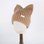 Bonnet Côtelé Doux à Oreilles de Chat Beige