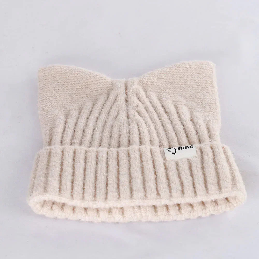 Bonnet Côtelé Doux à Oreilles de Chat Beige
