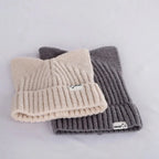Bonnet Côtelé Doux à Oreilles de Chat Beige