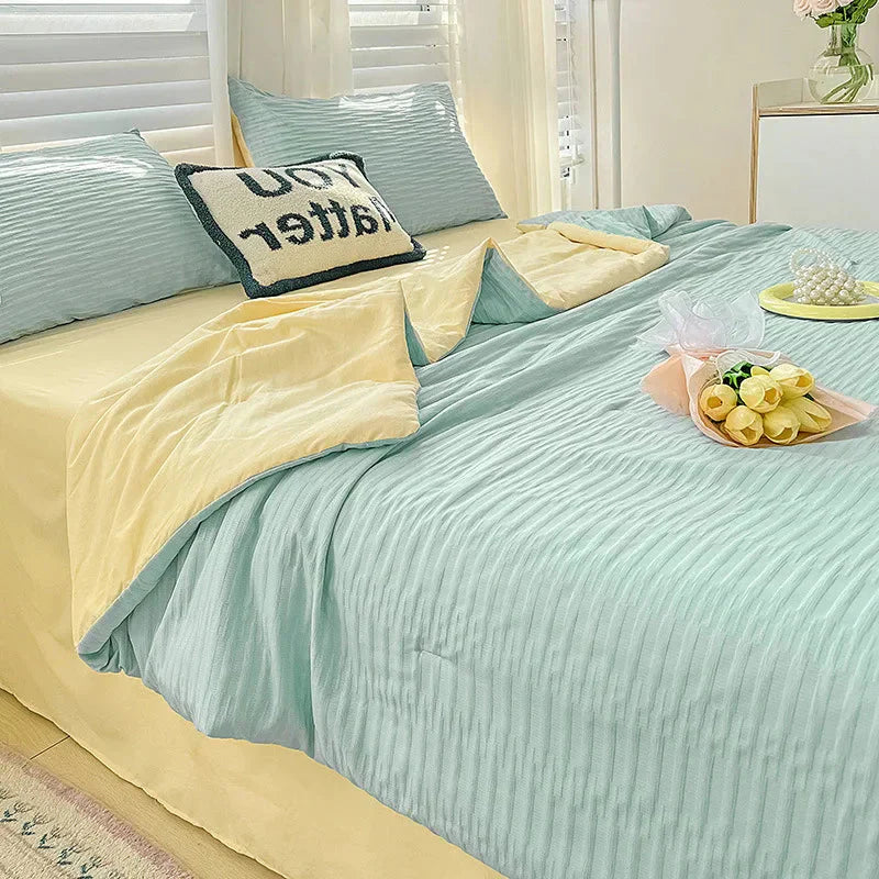 Parure de Lit Froissée Vert Menthe et Jaune Pastel
