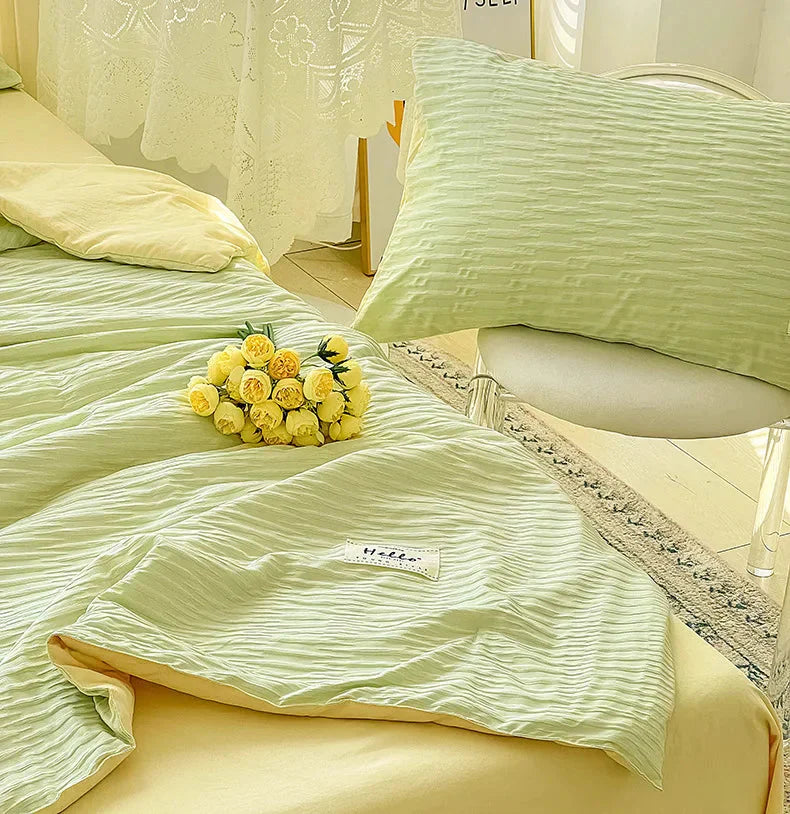 Parure de Lit Froissée Vert Menthe et Jaune Pastel