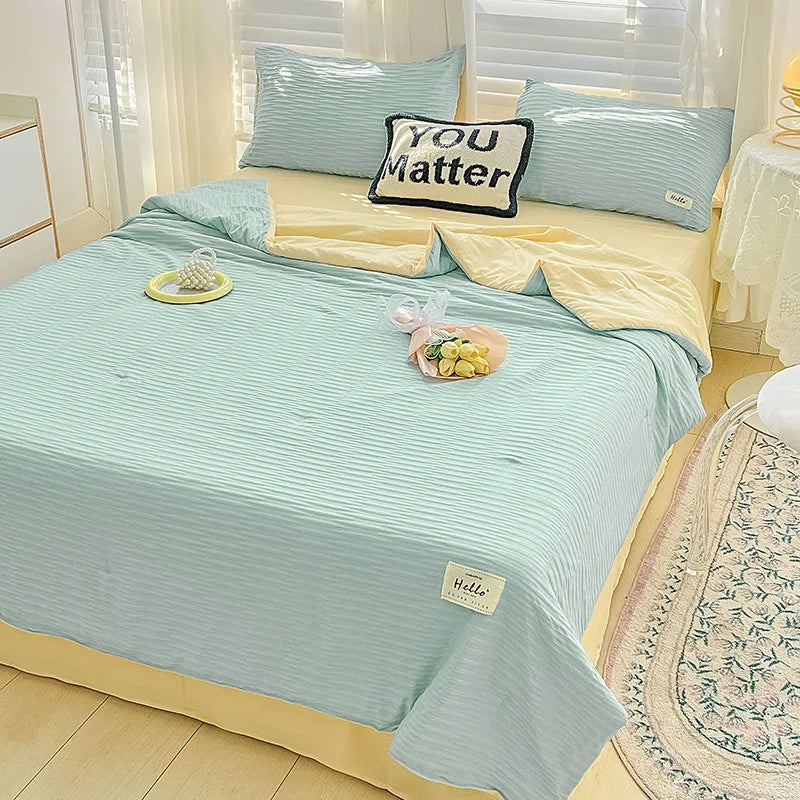 Parure de Lit Froissée Vert Menthe et Jaune Pastel
