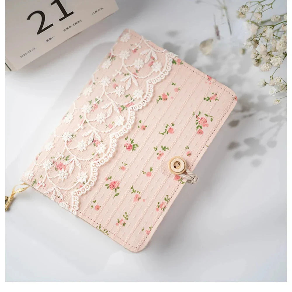 Carnet A5 A6 A7 coton rose fleur-dentelle, pages mobiles ou relié - Câlin Kawaii
