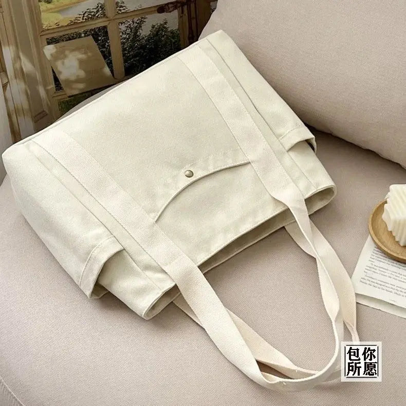 Grand Sac Cabas en Toile Écru à Multi-Poches