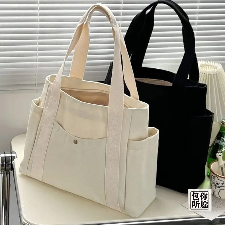 Grand Sac Cabas en Toile Écru à Multi-Poches
