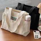 Grand Sac Cabas en Toile Écru à Multi-Poches
