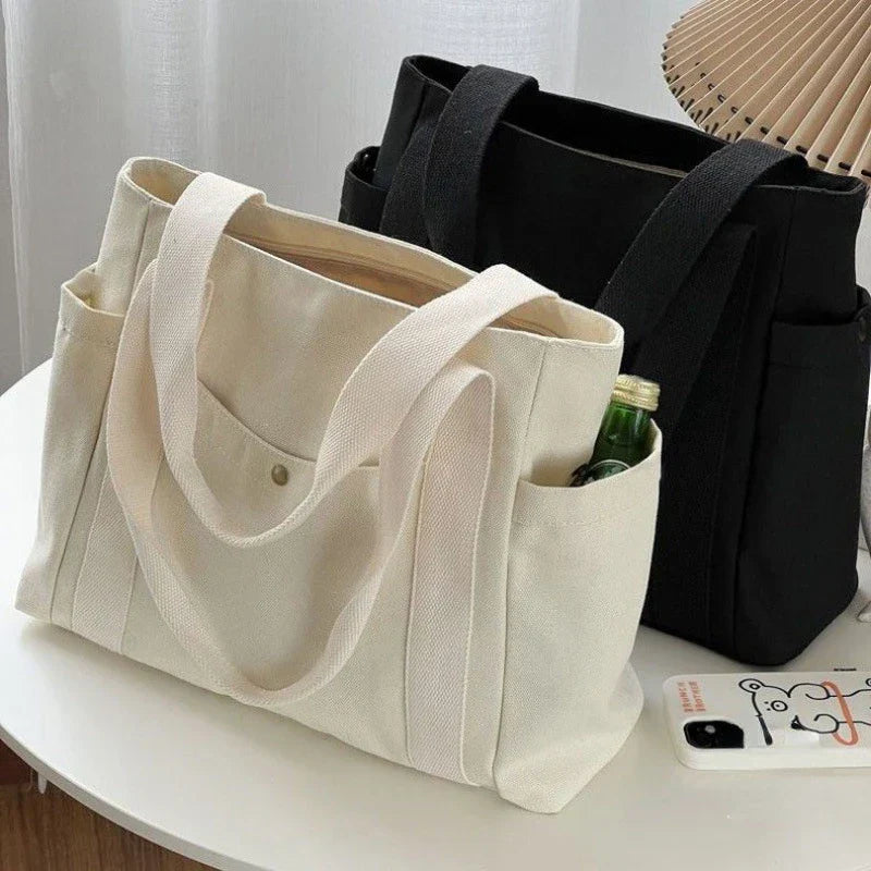 Grand Sac Cabas en Toile Écru à Multi-Poches