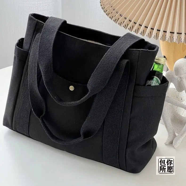 Grand Sac Cabas en Toile Écru à Multi-Poches