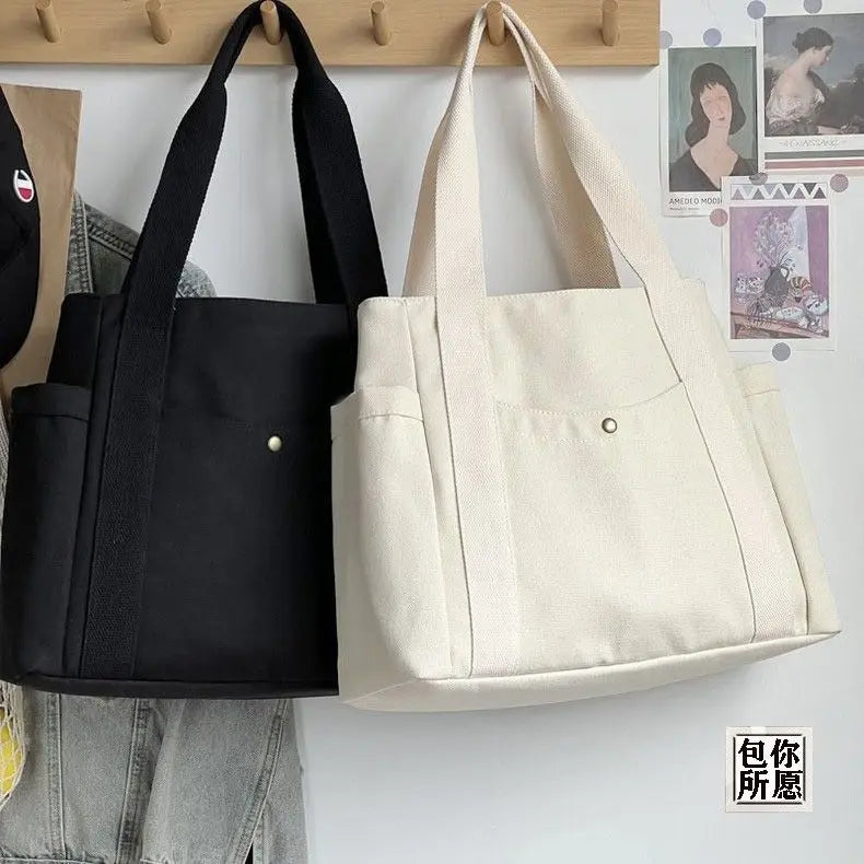Grand Sac Cabas en Toile Écru à Multi-Poches