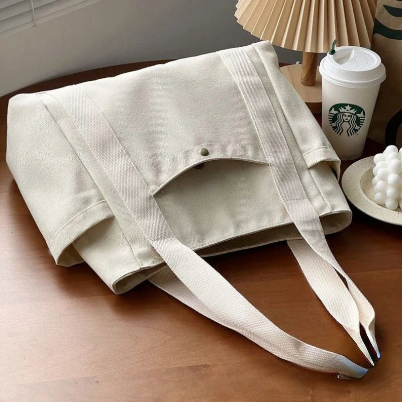 Grand Sac Cabas en Toile Écru à Multi-Poches