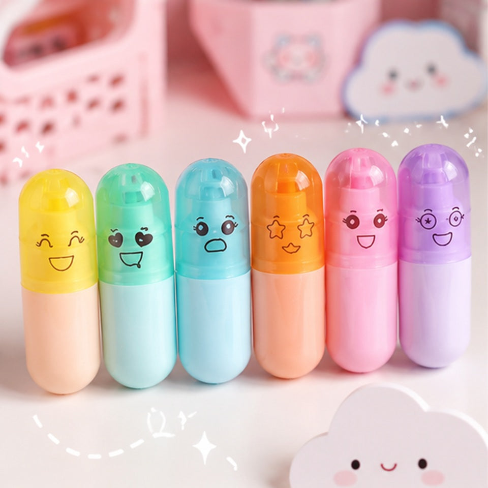 Lot de 6 Surligneurs en Capsule à Visages Mignons