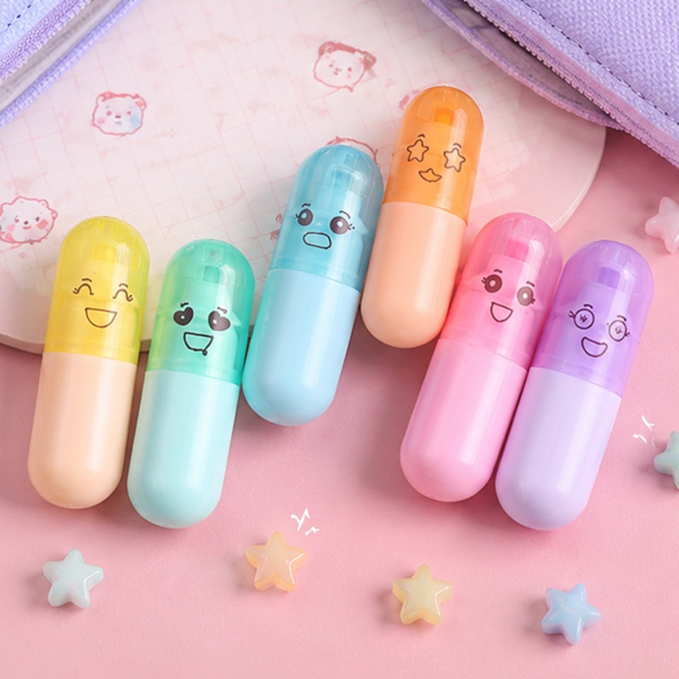 Lot de 6 Surligneurs en Capsule à Visages Mignons