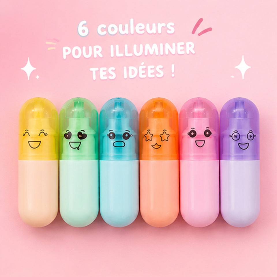 Lot de 6 Surligneurs en Capsule à Visages Mignons