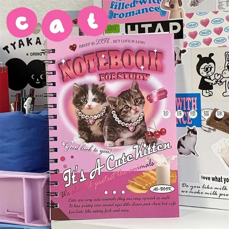 Carnet à Spirale Kawaii Rose aux Chats et Cœurs