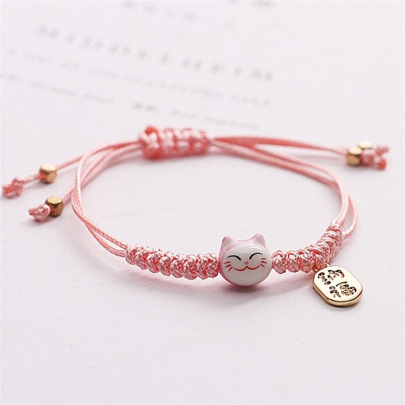 Bracelet en Cordon Rose Pâle Chat Maneki-Neko Doré
