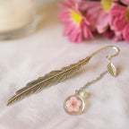 Marque-page en Métal Plume, Fleur Rose et Perle