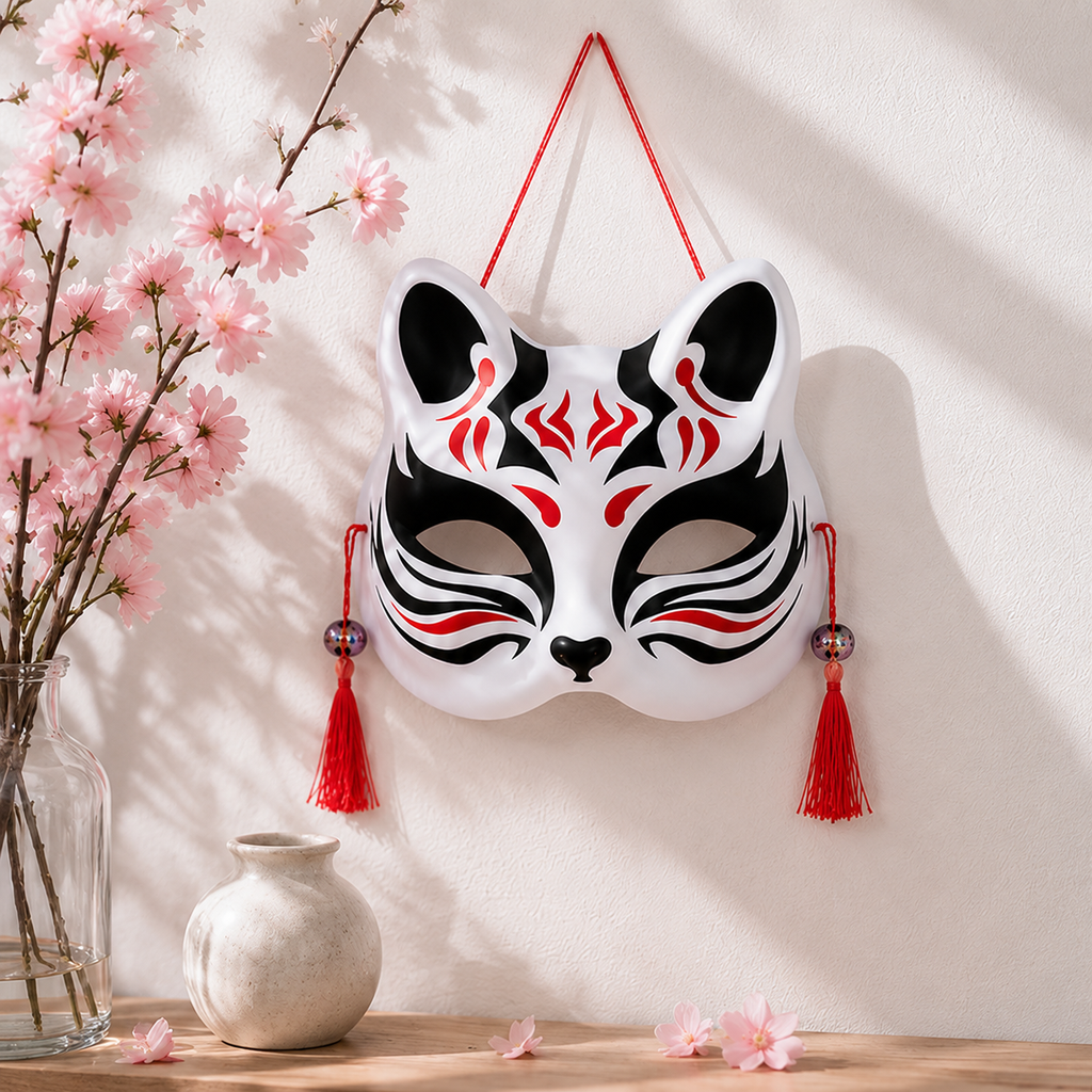 Masque Kitsune en Rouge et Noir