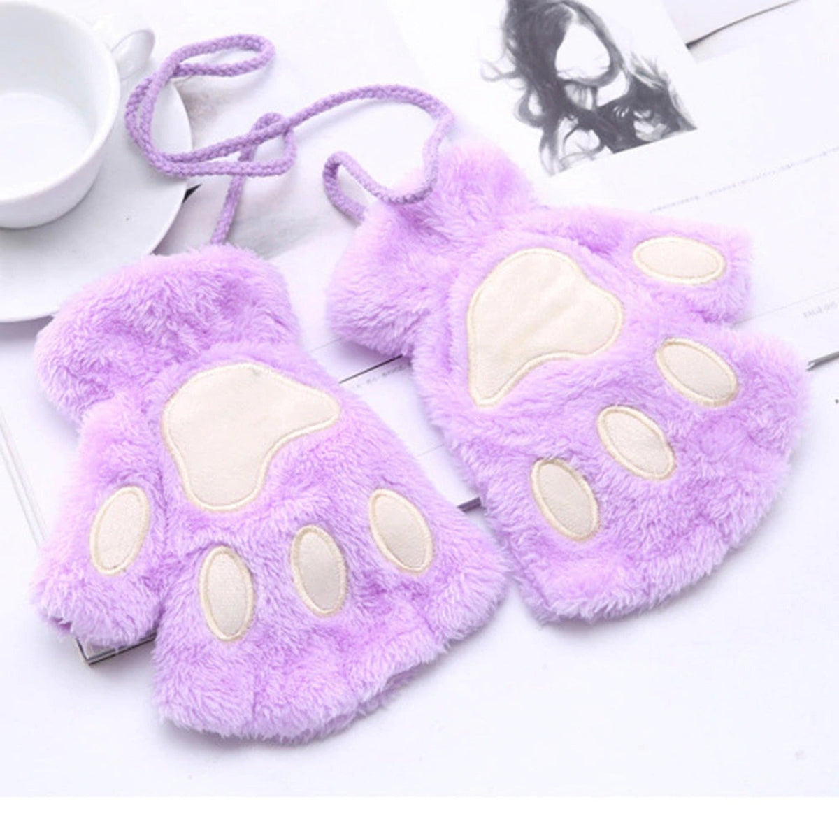 Mitaines Pluche Patte de Chat Mauve