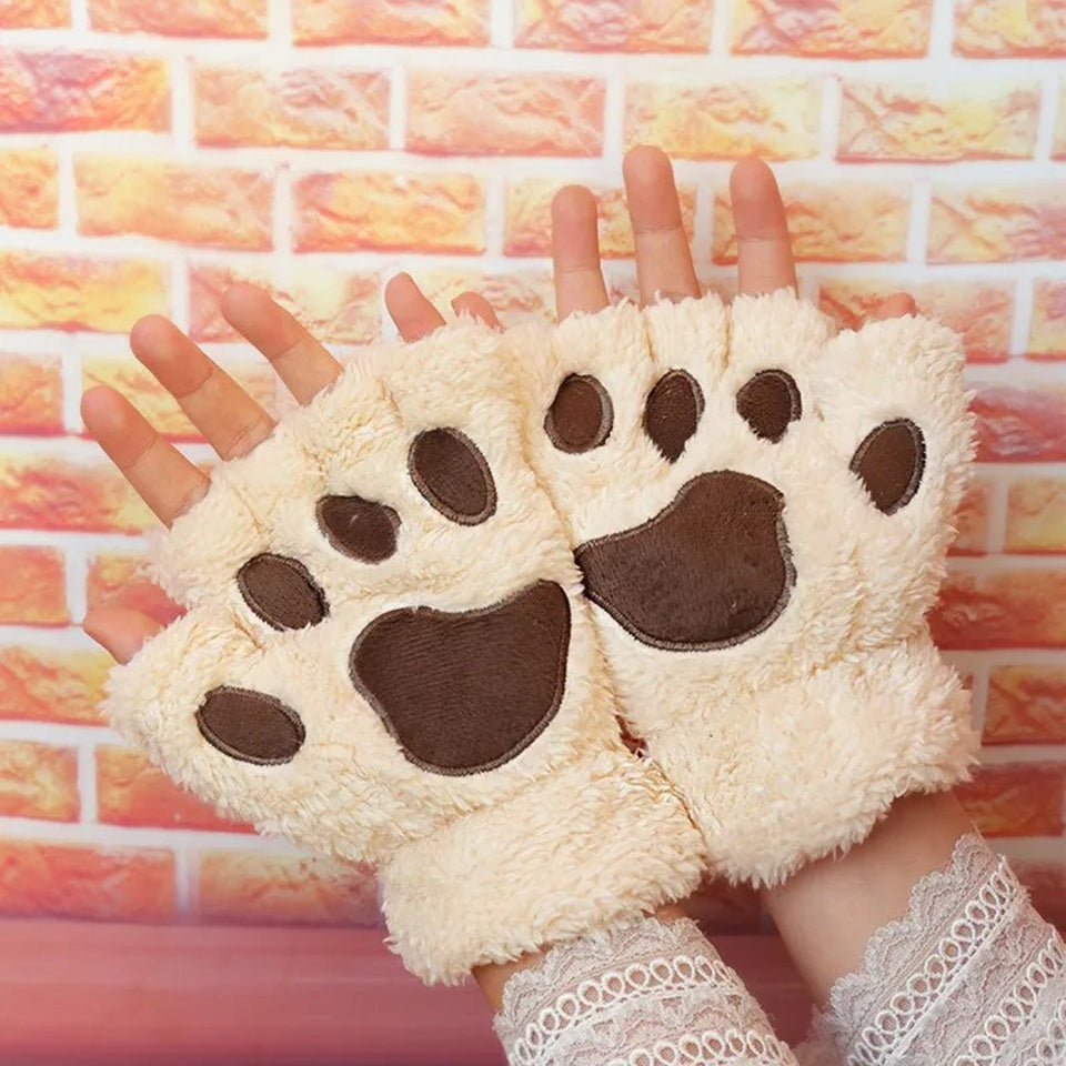 Mitaines en Peluche Patte de Chat Beige