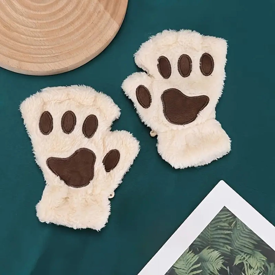 Mitaines en Peluche Patte de Chat Beige