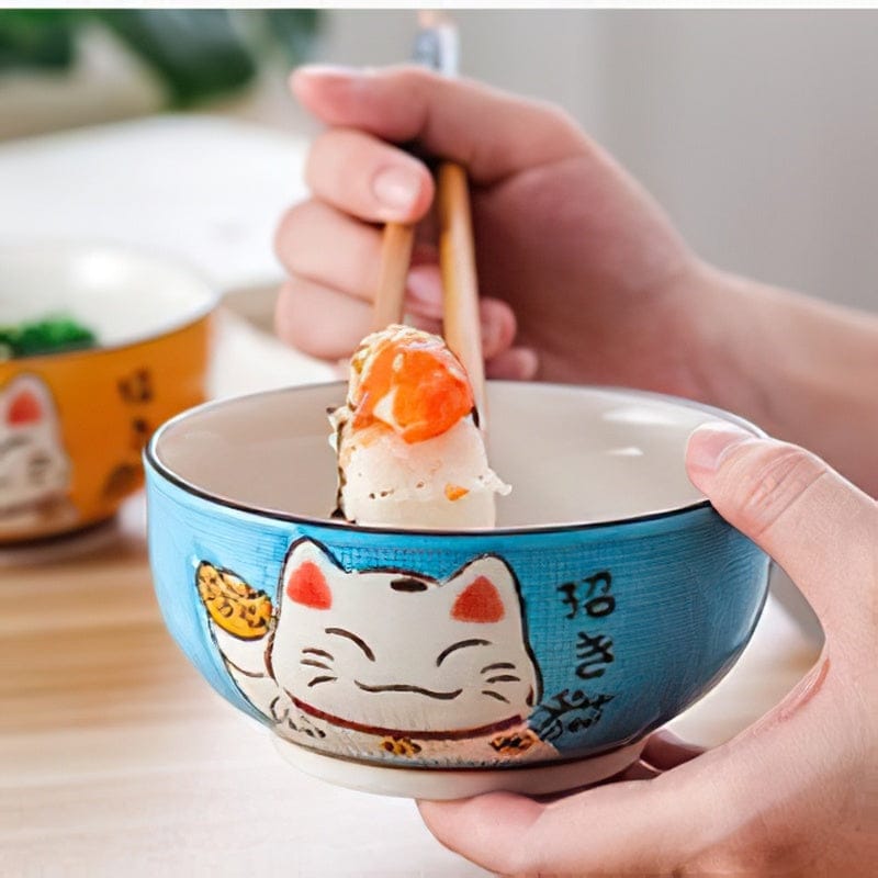 Bol en Céramique Maneki-neko Japonais Bleu