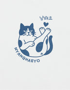 T-Shirt en Coton Blanc à Imprimé Chat 'Nyanghaeyo' Bleu