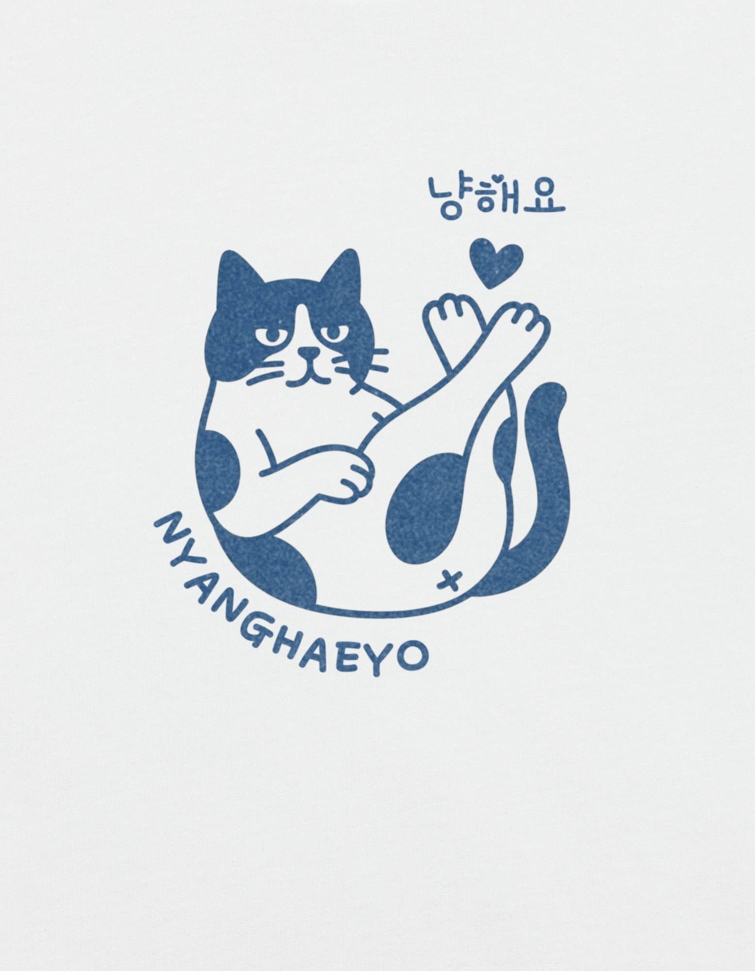 T-Shirt en Coton Blanc à Imprimé Chat 'Nyanghaeyo' Bleu