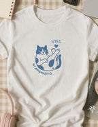 T-Shirt en Coton Blanc à Imprimé Chat 'Nyanghaeyo' Bleu