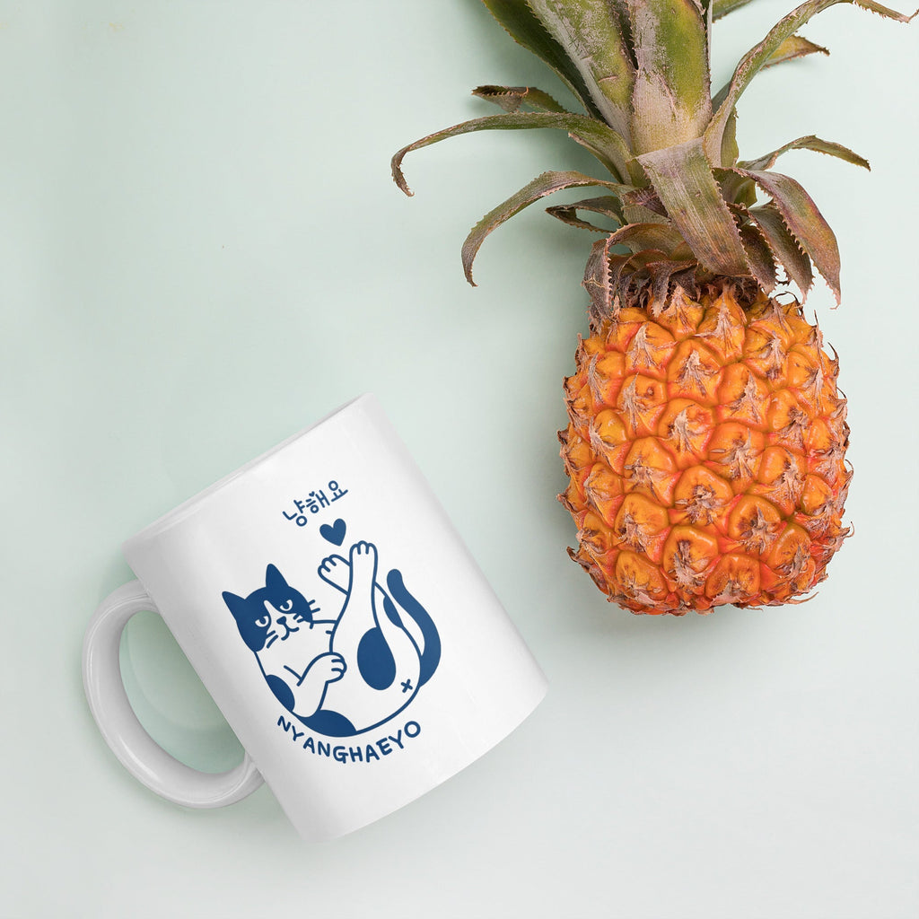 Mug en Céramique Blanc avec Chat Kawaii Bleu Marine