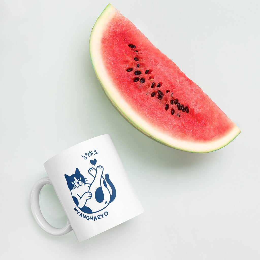 Mug en Céramique Blanc avec Chat Kawaii Bleu Marine