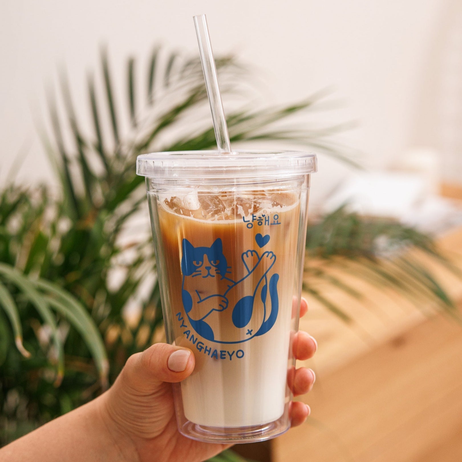 Gobelet en Plastique Transparent Chat Bleu avec Paille
