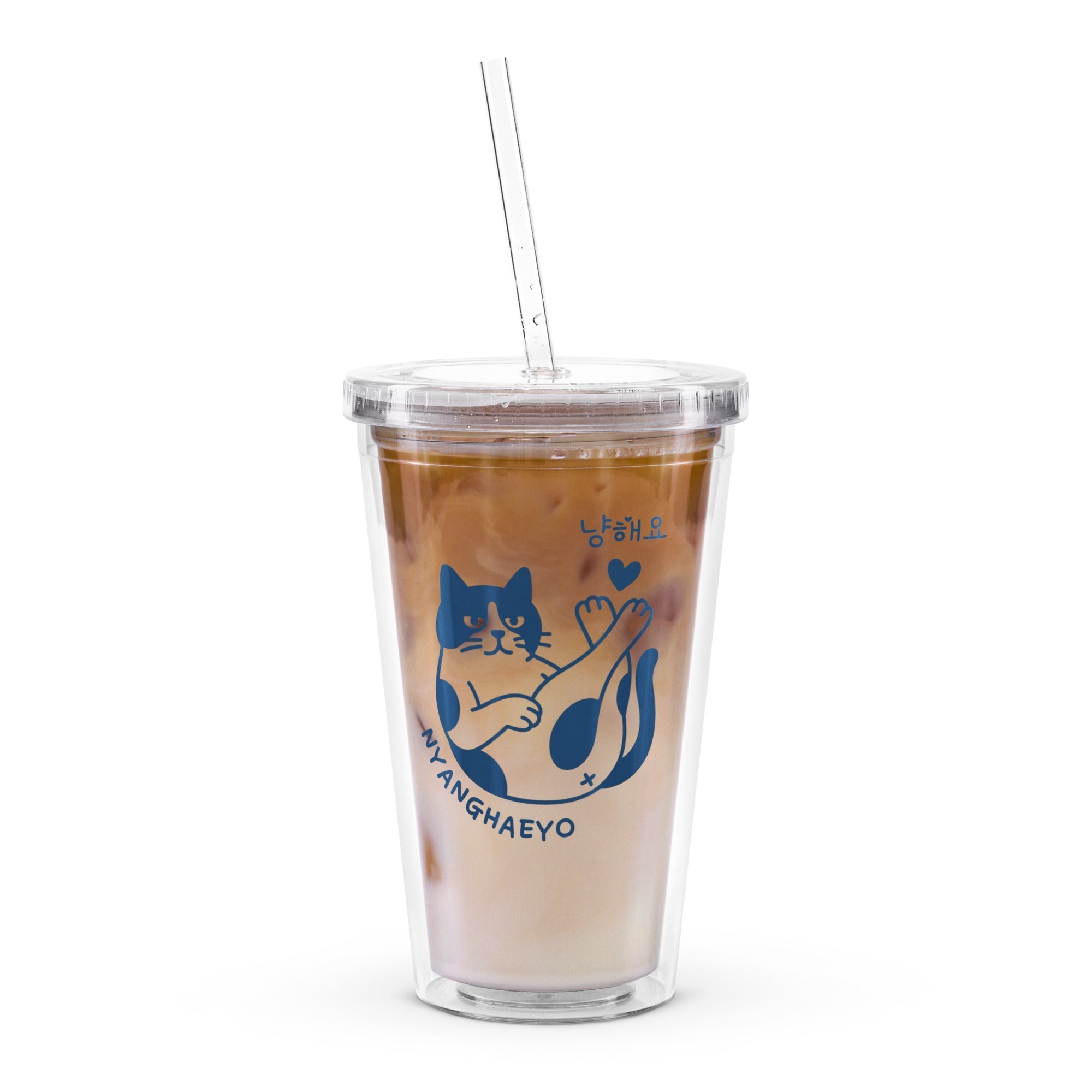 Gobelet en Plastique Transparent Chat Bleu avec Paille