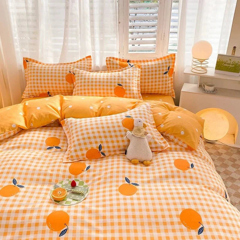 Parure de Lit Carreaux Vichy Orange et Imprimé Oranges