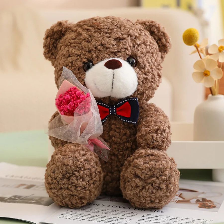 Ourson en Peluche Marron Bouclé, Nœud Papillon et Bouquet