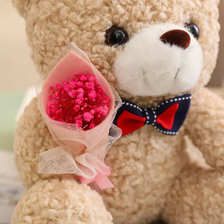 Ourson en Peluche Marron Bouclé, Nœud Papillon et Bouquet