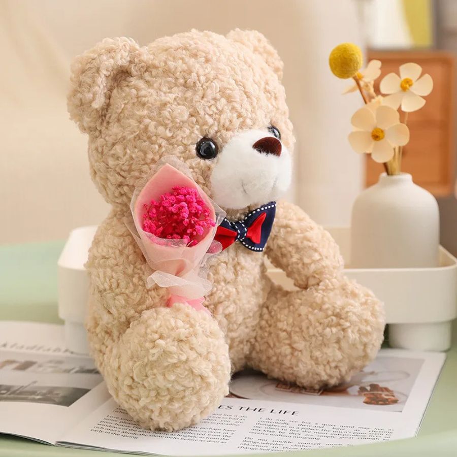 Ourson en Peluche Marron Bouclé, Nœud Papillon et Bouquet