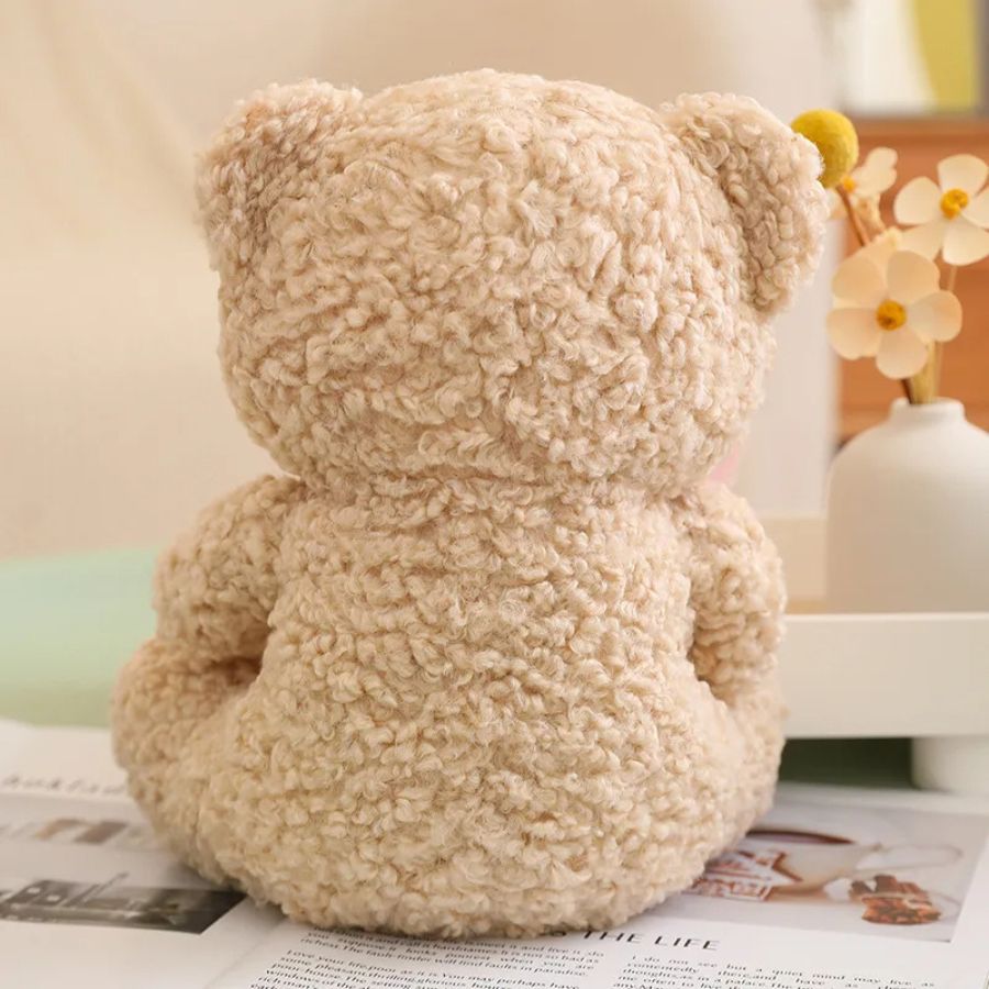 Ourson en Peluche Marron Bouclé, Nœud Papillon et Bouquet