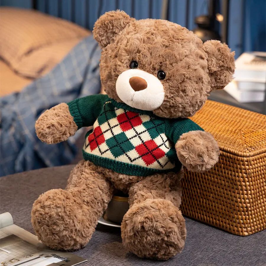 Ours en Peluche Marron Doux avec Pull Argyle