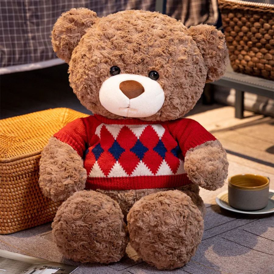 Ours en Peluche Marron Doux avec Pull Argyle