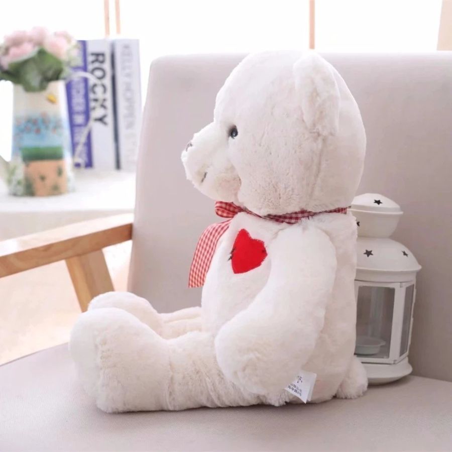 Ours en Peluche Douce avec Cœur Rouge et Nœud à Carreaux