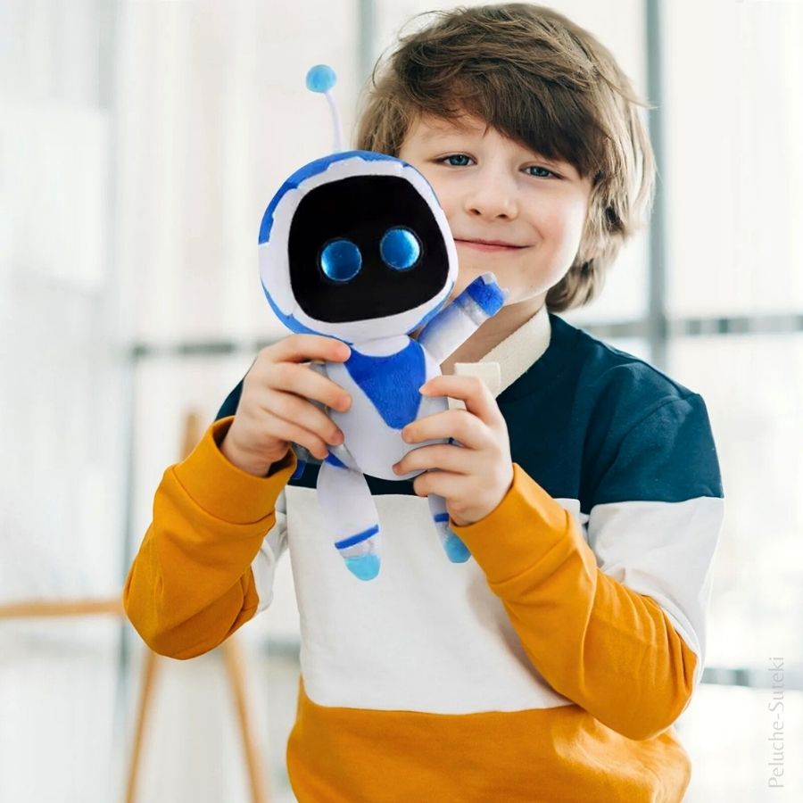 Peluche Robot Bleue et Blanche à Yeux Brillants