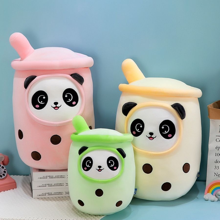 Peluche Bubble Tea Rose avec Panda et Billes Boba