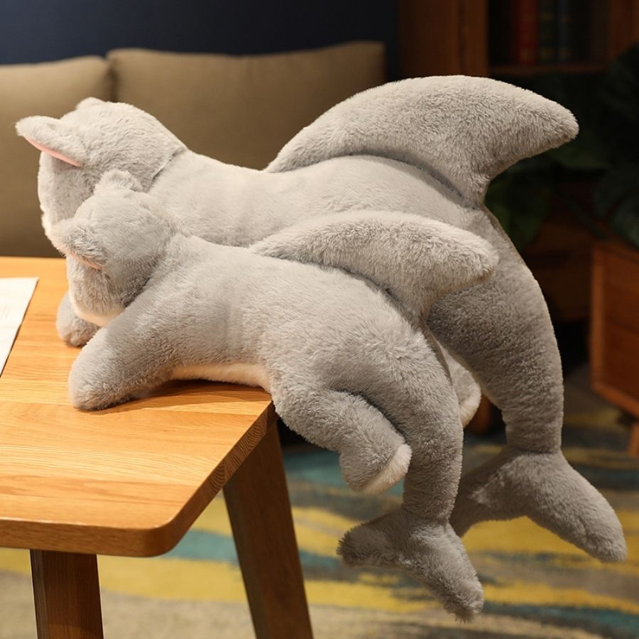 Peluche Hybride Chat-Poisson Grise et Blanche