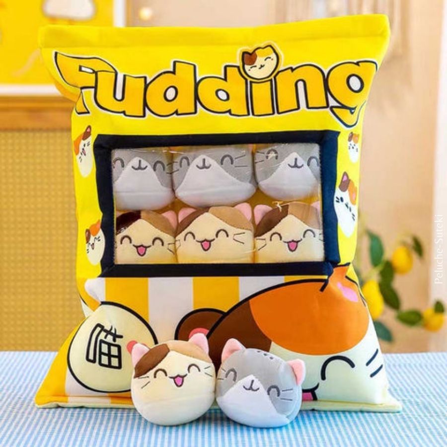 Coussin en Peluche Sac de Pudding et Mini Chats Kawaii