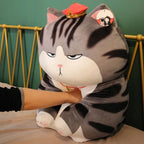 Peluche Chat Boudeur Gris Rayé et Chapeau Rouge