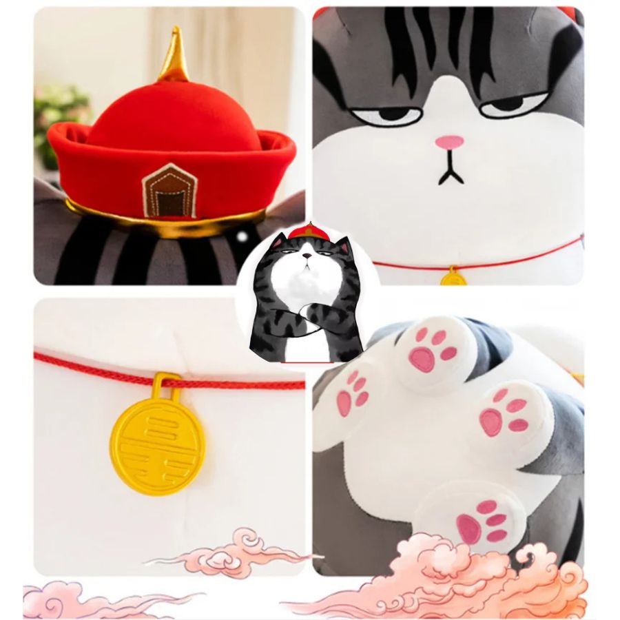 Peluche Chat Boudeur Gris Rayé et Chapeau Rouge