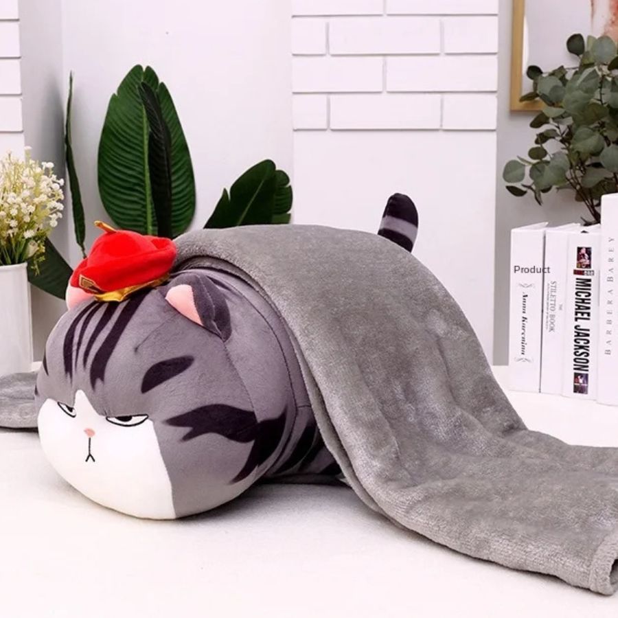 Coussin en Peluche Chat Boudeur à Chapeau et Couverture