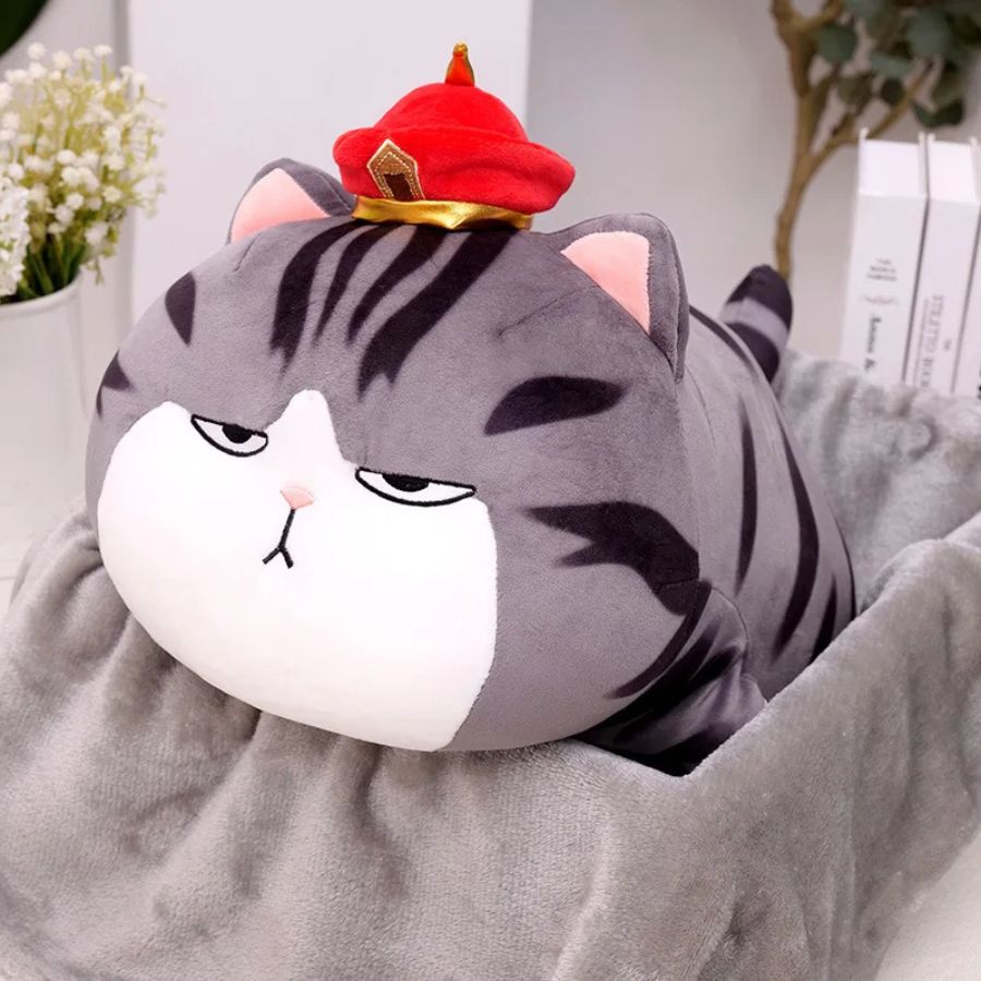 Coussin en Peluche Chat Boudeur à Chapeau et Couverture